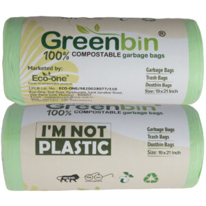 compostable waste disposal bags, greenbin compostable dustbin bags, eco-friendly trash bags, biodegradable garbage bags, 19x21 inch compostable bags, cpcb certified compostable bags, corn starch trash bags, plastic-free kitchen waste bags